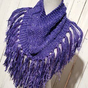 NEW Hand Knitted Purple Metallic Boho Cowl Scarf Fringe Indie Festival Glam Mod